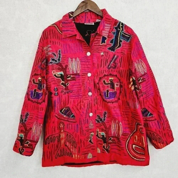 Vtg Chico's 100% Silk Embroidered  Button up Women's Blazer 1/M 3556P - Picture 1 of 8